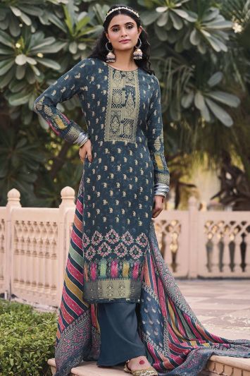 Blue Color Pure Muslin Fabric Jacquard Woven Palazzo Suit