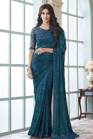 Blue Color Rainbow Silk Fabric Festive Wear Saree
