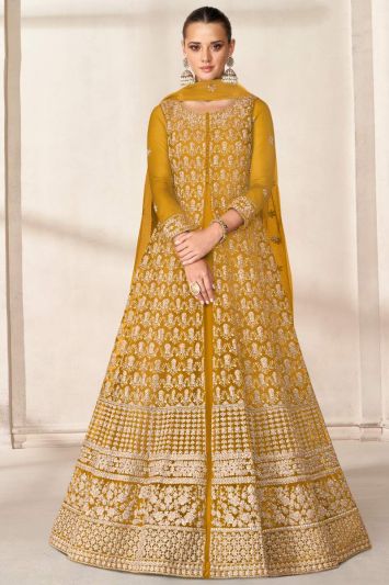Butterfly Net Fabric Anarkali Suit in Mustard Color