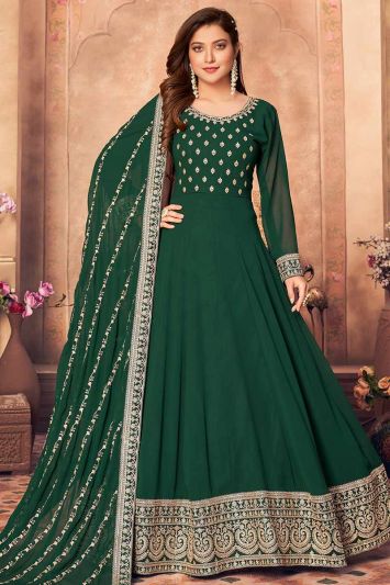 Buy Beautiful Faux Georgette Fabric Anarkali Suit in Green Color