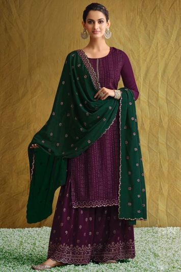 Buy Blooming Chinon Fabric Sharara Suit in Purple Color