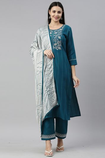Buy Blue Colored Ruby Cotton Fabric Straight Pant Suit