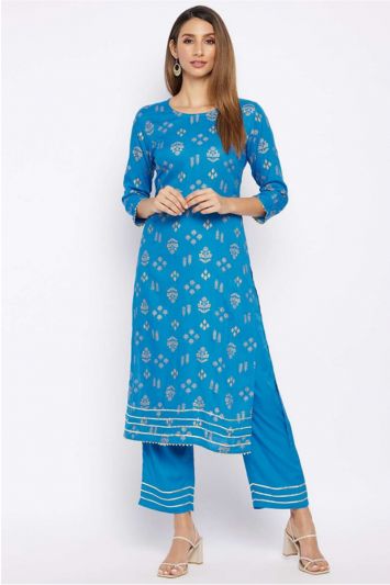 Buy Blue Rayon Fabric Designer Kurti For Party