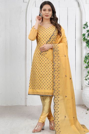 Buy Chanderi Fabric Churidar Suit in Yellow Color