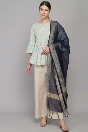 Buy Cotton Fabric Designer Kurti in Blue Color