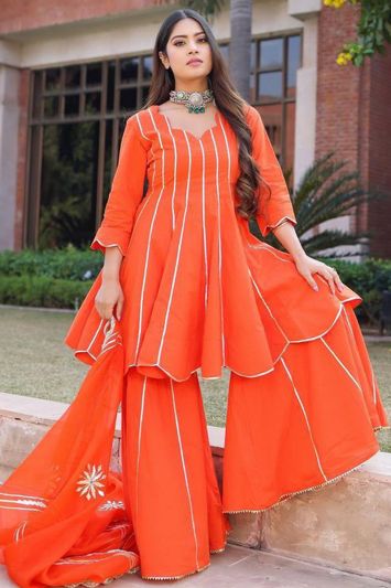 Buy Cotton Fabric Gotapatti Sharara Set in Orange Color
