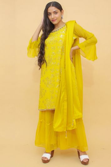 Buy Designer Chinon Fabric Palazzo Suit in Yellow Color