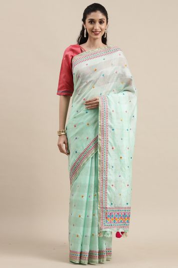 Buy Designer Cotton Fabric Saree in Green Color