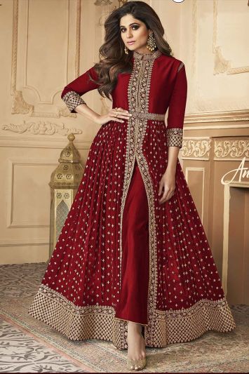 Buy Designer Faux Georgette Anarkali Suit in Red Color