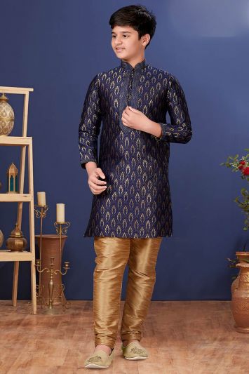 Buy Designer Navy Blue Color Jacquard Silk Kurta Pajama