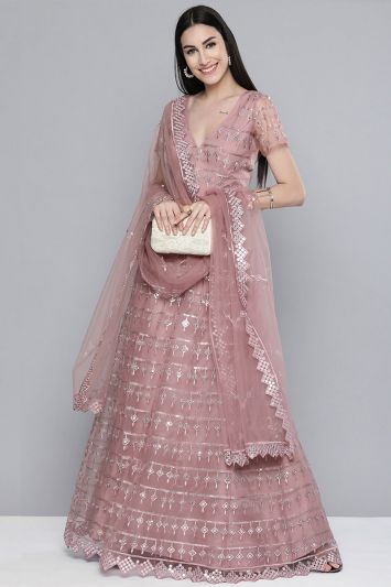 Buy Designer Net Fabric Lehenga Choli in Dusty Pink Color