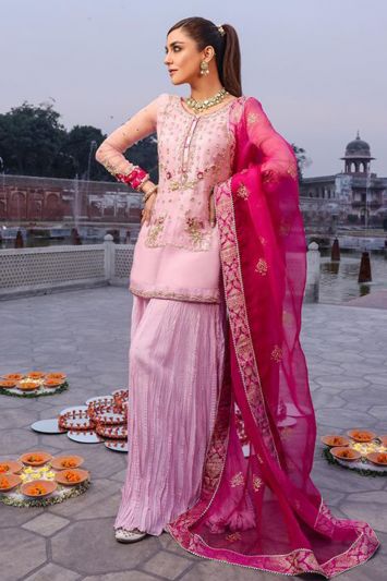 Buy Designer Pure Organza Fabric Sharara Suit in Pink Color