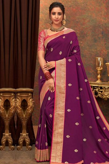 Buy Designer Purple Banarasi Silk Fabric Saree