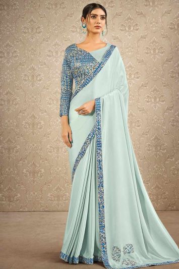 Buy Designer Silk Georgette Fabric Saree in Light Blue Color