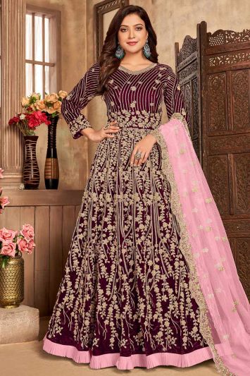 Buy Designer Velvet Fabric Stylish Anarkali Suit in Purple Color