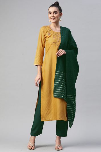 Buy Designer Viscose Cotton Fabric Straight Pant Suit in Yellow Color