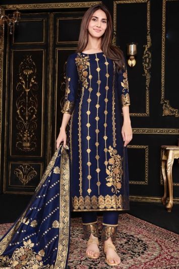 Buy Eid Designer Banarasi Jacquard Blue Color Trouser Suit