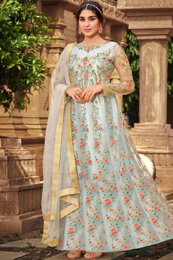 Buy Embroidered Butterfly Net Anarkali Suit in Grey Color