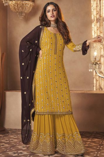 Buy Embroidered Faux Georgette Sharara Suit in Yellow Color