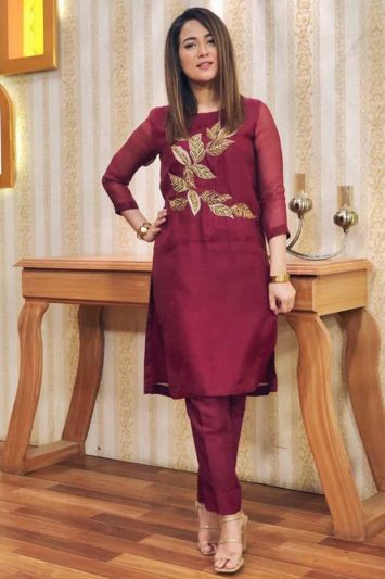 Buy Embroidered Maroon Straight Pant Suit
