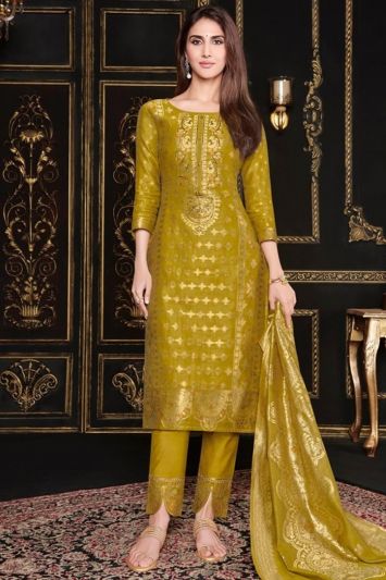 Buy Ethnic Mustard Banarasi Jacquard Trouser Suit For Haldi Function