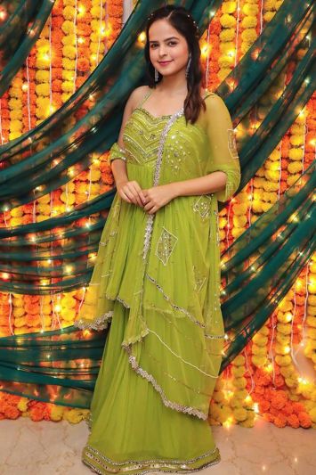 Buy Ethnic Net Fabric Sharara Suit in Light Green Color