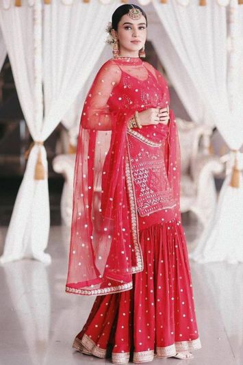 Buy Ethnic Wedding Wear Sharara Suit in Red Color