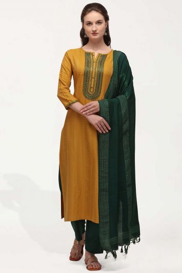 Buy Fabulous Cotton Blend Fabric Straight Pant Suit in Mustard Color