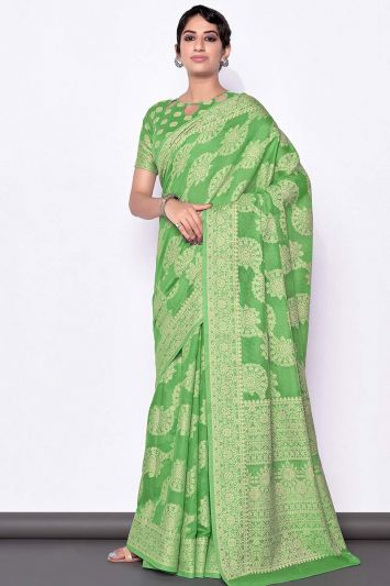 Buy Fabulous Parrot Green Color Lucknowi Cotton Fabric Saree