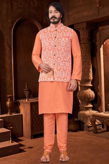 Buy For Eid Party Peach Pure Art Silk Kurta and Jacket with Pant