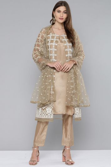 Buy For Eid This Net Fabric Pakistani Straight Pant Suit in Cream Color