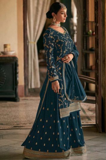 Buy For Eid This Real Georgette Palazzo Suit in Teal Blue Color
