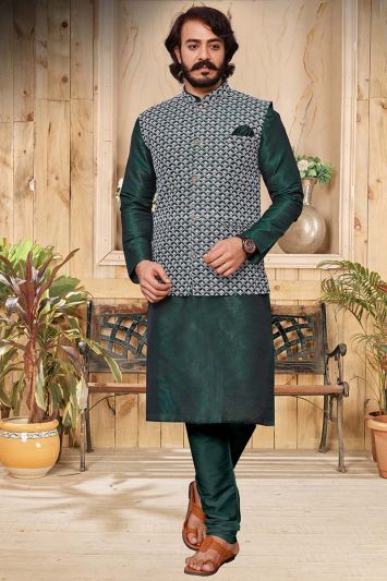 Buy For Mehndi Function Dark Green Heavy Art Silk Kurta with Jacket