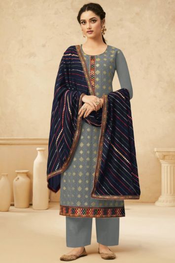 Buy For Party Faux Georgette Salwar Suit in Grey Color