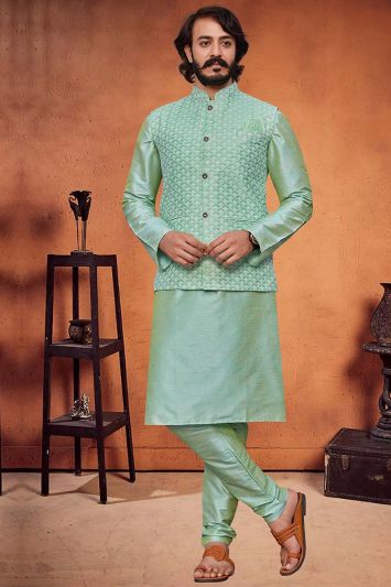 Buy For Party This Mint Green Heavy Art Silk Kurta with Jacket