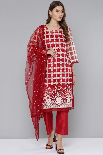 Buy For Party This Red Color Net Fabric Pakistani Straight Pant Suit