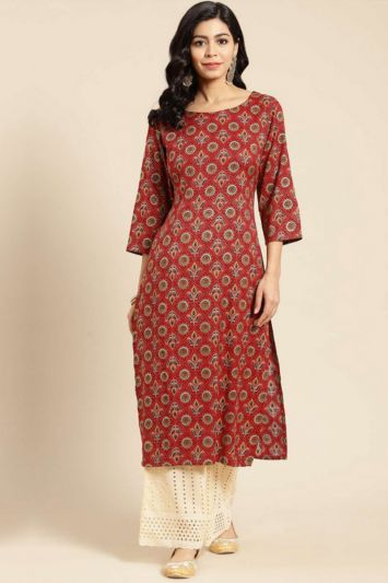 Buy For Sangeet Cotton Fabric Designer Kurti in Red Color