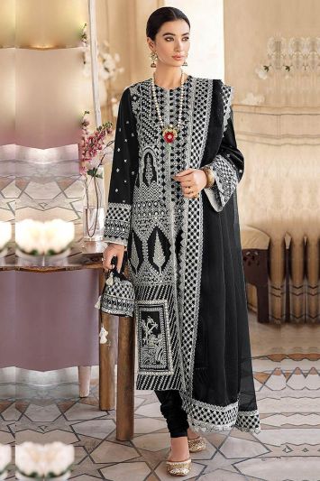 Buy For Sangeet Party Faux Georgette Churidar Suit in Black Color