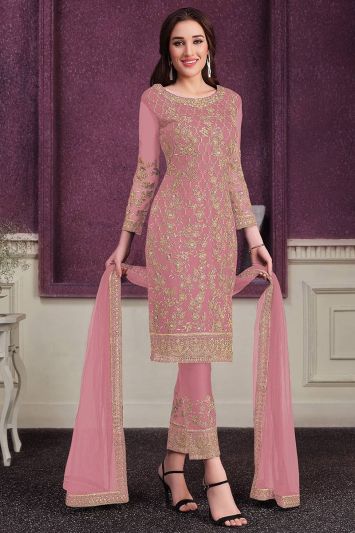 Buy For Walima Butterfly Net Straight Pant Suit in Peach Color