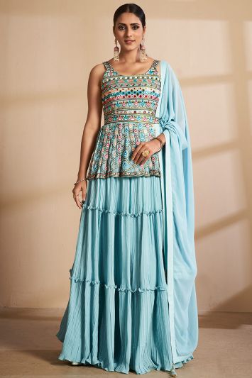 Buy Georgette Fabric Sharara Suit in Turquoise Color