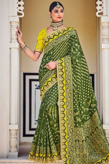 Buy Green Color Banarasi Silk Fabric Saree For Mehndi