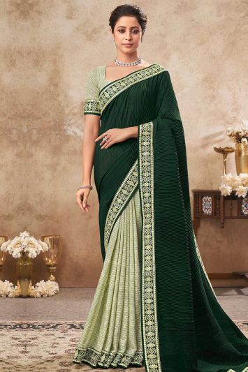 Buy Green Colored Chinon Crush Fabric Saree