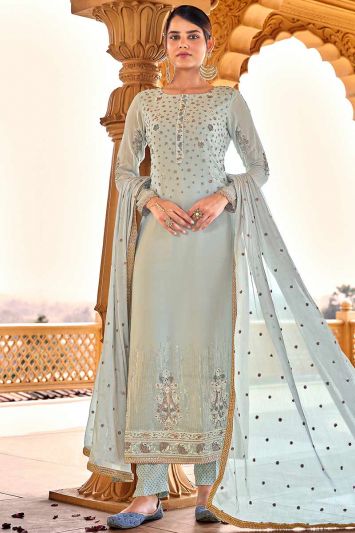 Buy Grey Color Pure Viscose Bemberg Georgette Straight Pant Suit