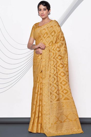Buy Haldi Functional Lucknowi Cotton Fabric Saree in Mustard Color