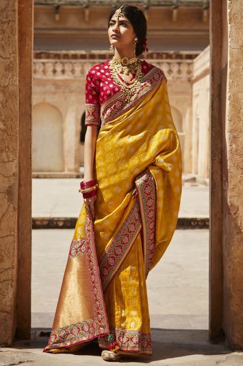 Buy Haldi Functional Silk Fabric Saree in Yellow Color