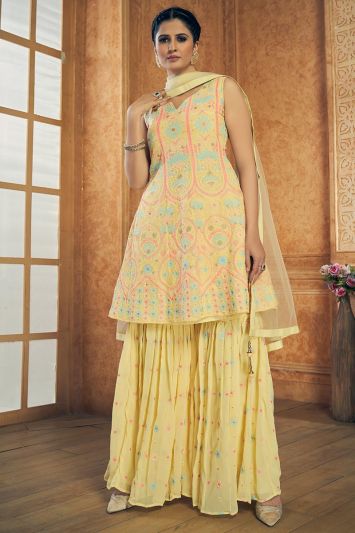Buy Haldi Functional Yellow Georgette Fabric Sharara Suit