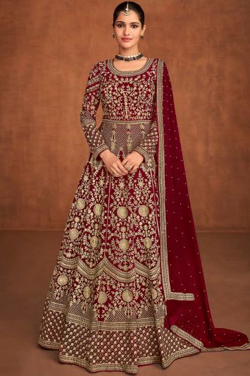 Buy Heavy Embroidered Real Georgette Anarkali Suit in Maroon Color