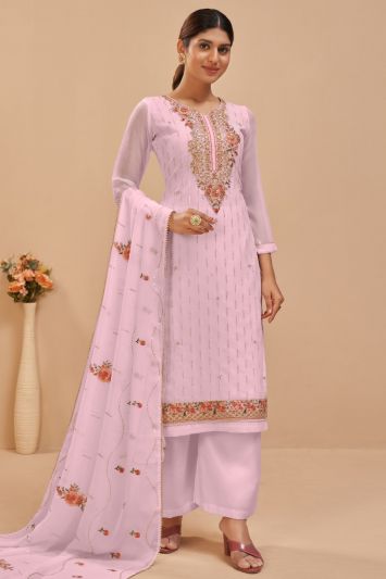 Buy Light Pink Color Georgette Fabric Palazzo Suit with Khatli Work