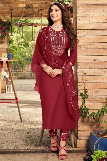 Buy Maroon Color Pure Viscose Fabric Straight Suit