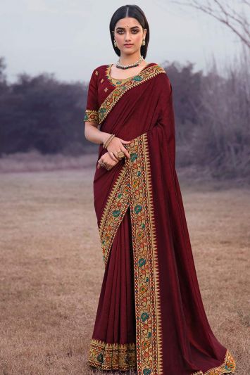 Buy Maroon Color Vichitra Silk Fabric Saree with Zari Work